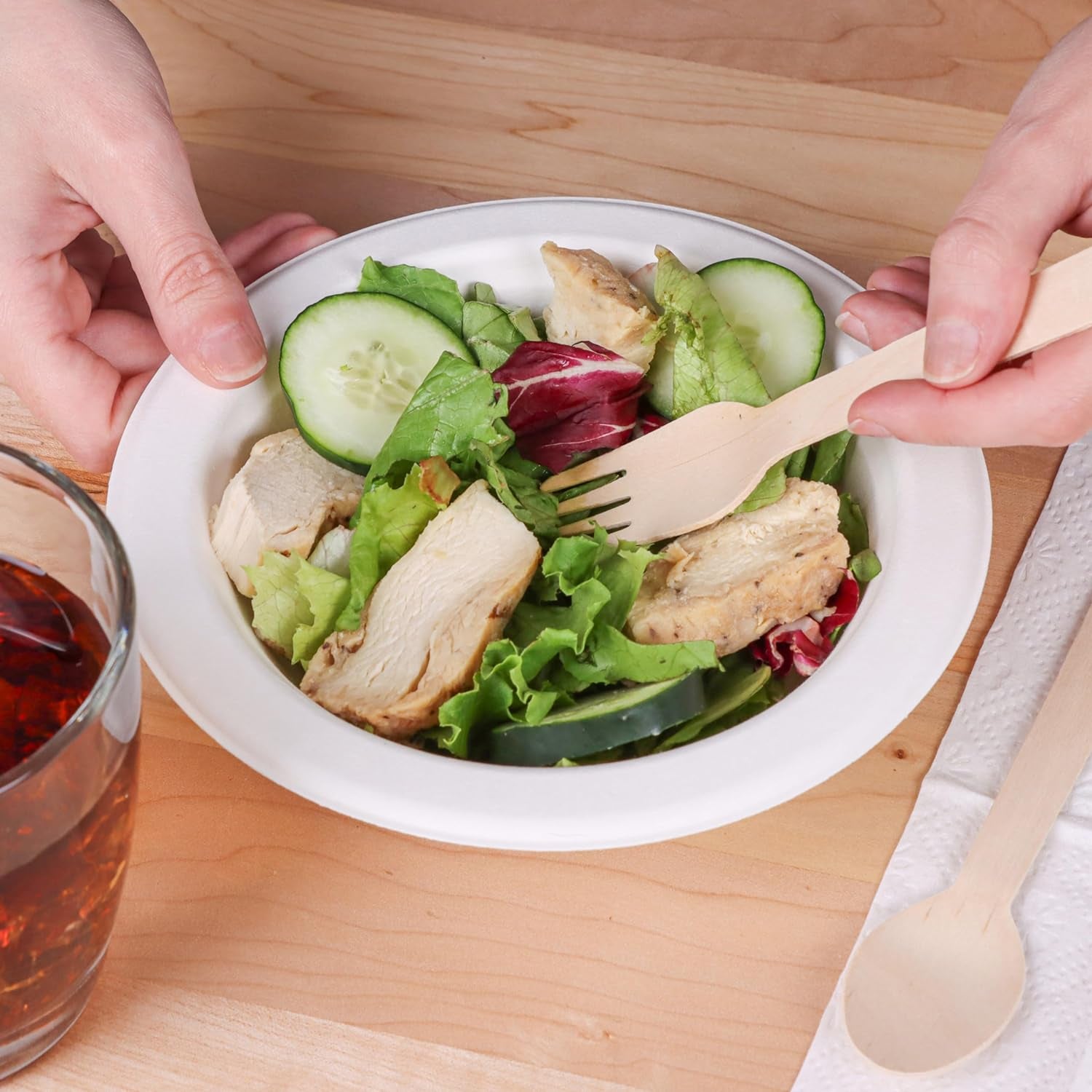 Wooden Cutlery Disposable Utensils Set - 50-Pack of Disposable Wooden Cutlery Set, Individually Wrapped Utensils and Napkins for Cafes or Restaurants - Includes Knife, Fork, Spoon, and Napkin