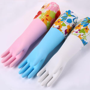 3 Pairs Rubber Cleaning Gloves, Household Kitchen Dishwashing Gloves with Cotton Flocked Liner, Long Cuff 16", Reusable, Non-Slip (Medium, Blue+Pink+White)