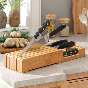 In-Drawer Knife Organizer Bamboo Knife Block, Drawer Knife Storage Steak Knife Holder without Knives,Holds up to 5 Knives(Not Include)