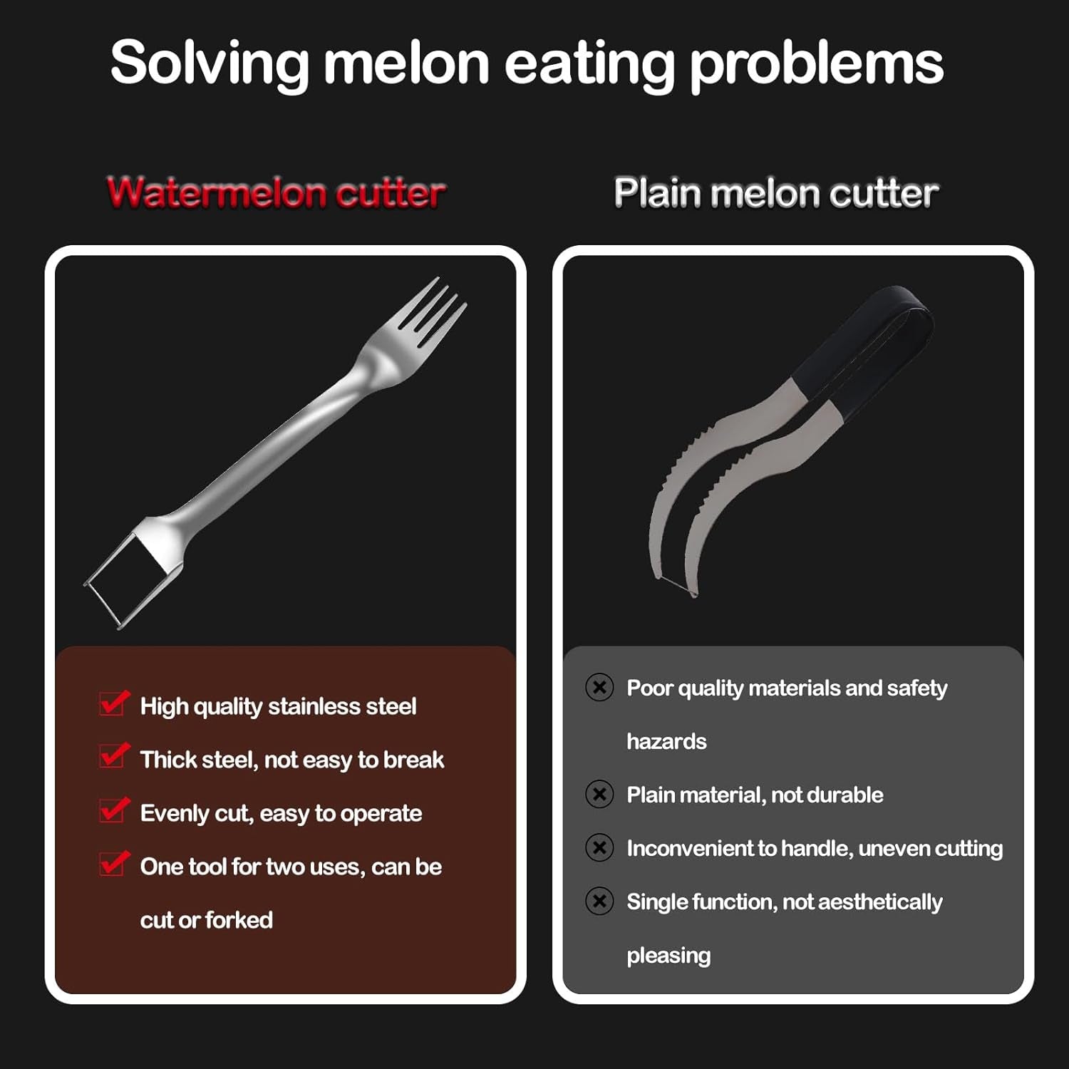 2 Pcs Watermelon Fork Slicer Cutter, Stainless Steel Watermelon Slicer Cutter 2-In-1 Summer Watermelon Fruit Cutting Fork, for Home Party Camping Kitchen Gadget