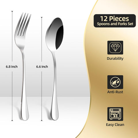 Image of 12 Pieces Spoons and Forks Set, Food Grade Stainless Steel Flatware Cutlery Set, 6 Forks and 6 Spoons Silverware Set for Home, Kitchen, Restaurant-Mirror Polished & Dishwasher Safe