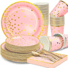 Pink Gold Paper Party Supplies,350Pcs Golden Dot Paper Tableware Serve 50,Include Paper Plates,Napkins,Cups,Forks,Knives,Spoons,For Baby Shower,Girls Birthday,Anniversary,Wedding