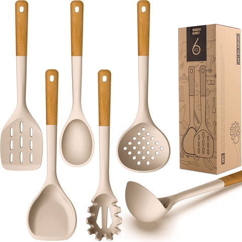 Image of Large Silicone Cooking Utensils Set - Heat Resistant Silicone Kitchen Utensils for Cooking W Wooden Handles, Spatula Set, Kitchen Utensil Gadgets Sets for Non-Stick Cookware, BPA Free (Khaki)