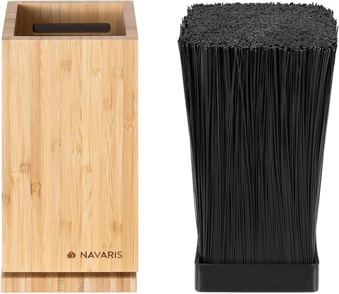 Image of Bamboo Kitchen Knife Block - Magnetic Rotating Bristle Knife Holder - Universal Knife Block Storage Stand with Bristles - 9.8" X 4.9" X 4.9"