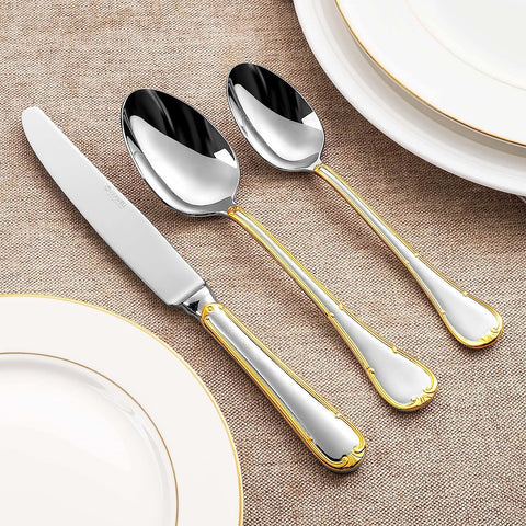 Image of Elizabeth 20-Piece 18/10 Stainless Steel Flatware Set, Service for 4, Fine Silverware Set (Gold Accent), Dishwasher Safe, Mirror Polished