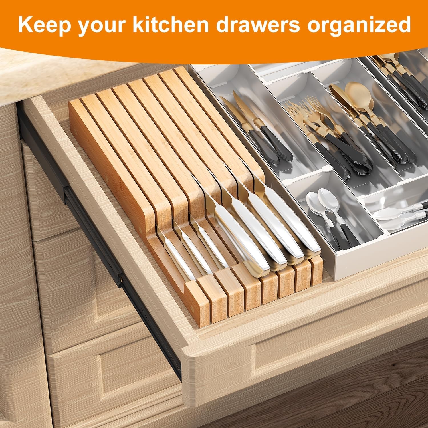 In-Drawer Bamboo Knife Block,Drawer Knife Storage Steak Knife Holder without Knives,Holds up to 7 Knives(Not Include)