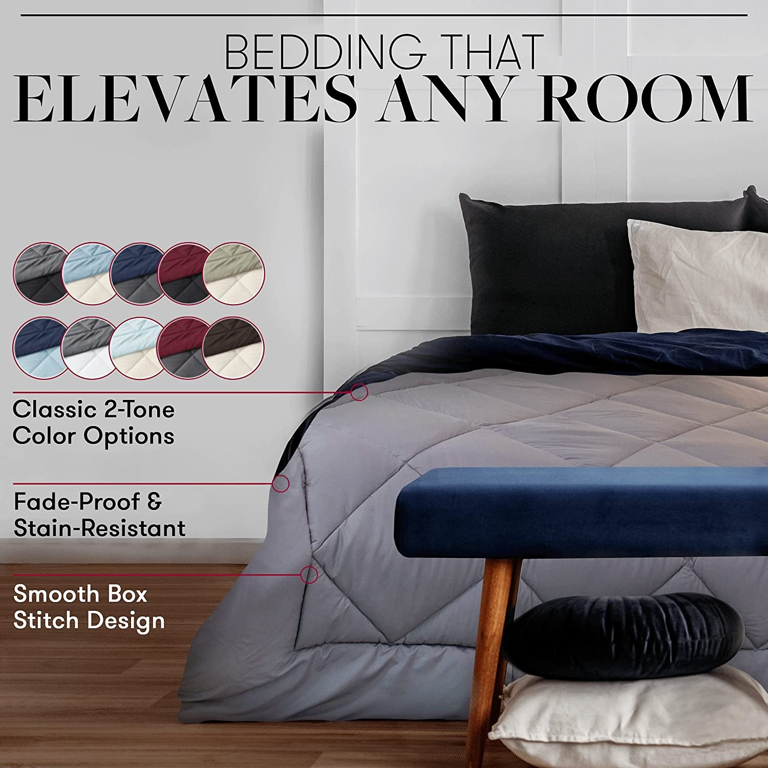 Beckham Hotel Collection Goose down Alternative Reversible - All Season - Premium Quality Luxury Comforter - Full/Queen - Navy/Sleet