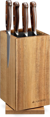 Image of Rotating Wood Knife Block - Magnetic Universal Holder without Knives - Kitchen Storage with Plastic Bristles and Magnetic Sides - Acacia