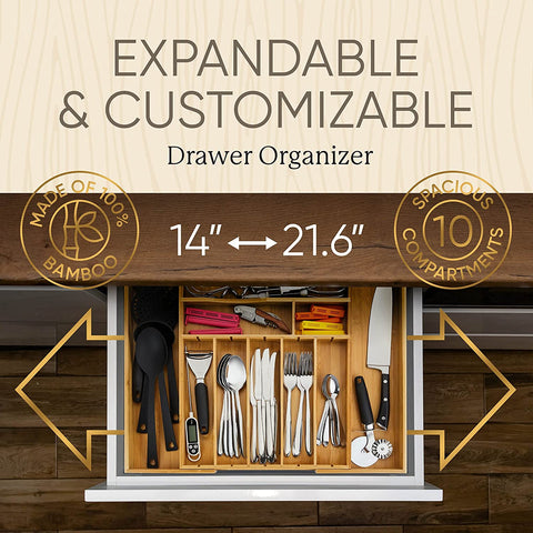 Image of [ 2.5" Deep ] Expandable Drawer Organizer for Silverware Utensils Kitchen Gadgets and Cutlery Flatware Organizer for Drawer Tray / Utensil Tray, Large Expands from 13.7 - 21.6 Wide X 17L X 2.5H