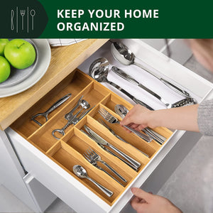 Luxury Bamboo Utensil Rack and Silverware Organizer, Kitchen Drawer Organizer - Utensil Holder and Cutlery Tray with Grooved Drawer Dividers for Flatware 7 Slot, Natural