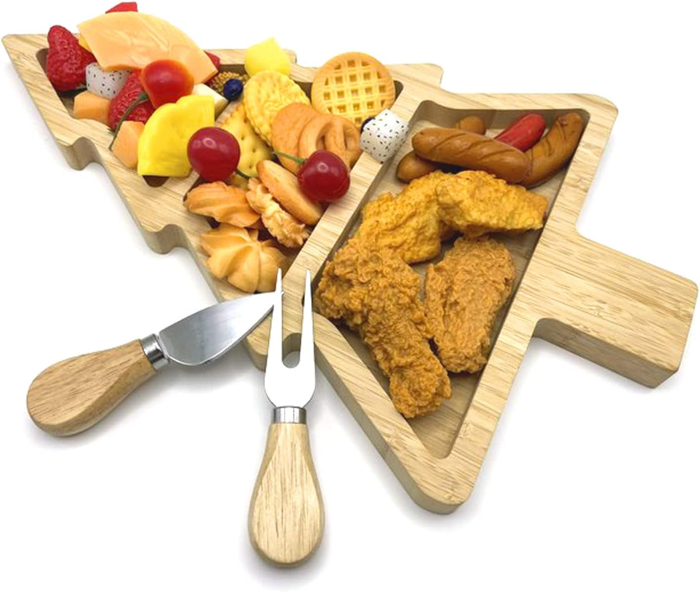 Bamboo Serving Platter, Multiple Spaces Reusable Bamboo Plates, Novel Shape Charcuterie Board Set with Knife & Fork, Fruit, Bread, Salad Plate for Christmas Thanksgiving (Christmas Tree)
