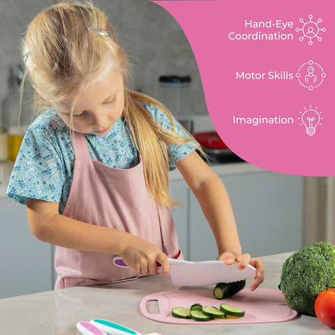 Image of 13 Pieces Montessori Kids Cooking and Baking Set - Kids Knife Set for Real Cooking, Durable Kids Cutting Board, Knife Set, Silicone Spatula, Whisk, Cookie Cutters, Kids Apron, Toddler Kitchen