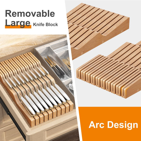 Image of Bamboo Knife Block Holder, In-Drawer Knife Drawer Organizer-Protecting Knife Organizer Block Holds up to 19 Knives（Not Included）