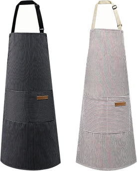 2 Pack Apron, Cotton Cooking Kitchen Aprons, Adjustable Bib Apron with 2 Pockets for Men Women Chef Aprons,(Black/Brown Stripes)