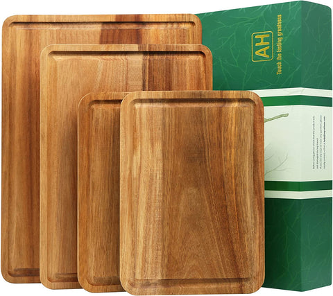 Image of Large Wood Cutting Boards Set of 4 for Kitchen Cheese Charcuterie Board (Gift Box Included) Acacia Butcher Block with Non-Slip Mats, Juice Groove and Handles (16X12, 14X10, Double 11X8 Inch)