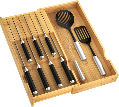 Image of Bamboo Knife Organizer for Kitchen Drawer, Knife Block Holder Drawer Insert with Expandable Tray for Fork Spoon Scissor, Large Kitchen Knife Holder without Knives, Holds 7 Knives