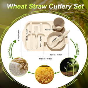 48 Pcs Wheat Straw Tableware Set for 8 Wheat Dinnerware Cutlery Include 8 Divided Dinner Plate 24 Spoon Knife Fork 8 Cup 8 Bowl Reusable Unbreakable Dishwasher for Kids Adult (Beige)