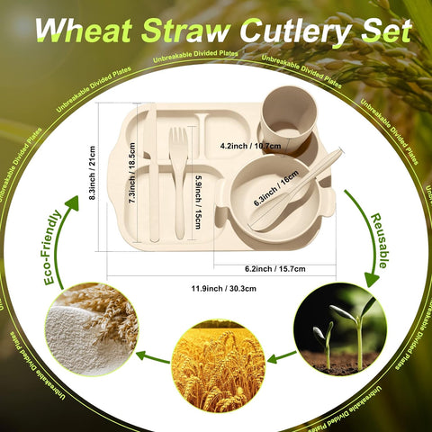 Image of 24 Pcs Wheat Straw Dinnerware Cutlery Set Including Kids Toddlers Divided Plates Microwave Dishwasher Safe Bowl Unbreakable Tableware Straw Cutlery Spoon Knife Fork Cup (Beige)