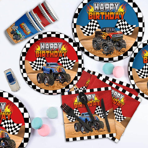 Image of 192Pcs Monster Large Truck Birthday Party Supplies Serves 24 Monster Large Truck Plates Napkins Knives Forks Spoons Straws Monster Large Truck Birthday Decorations Truck Party Favors for Kids