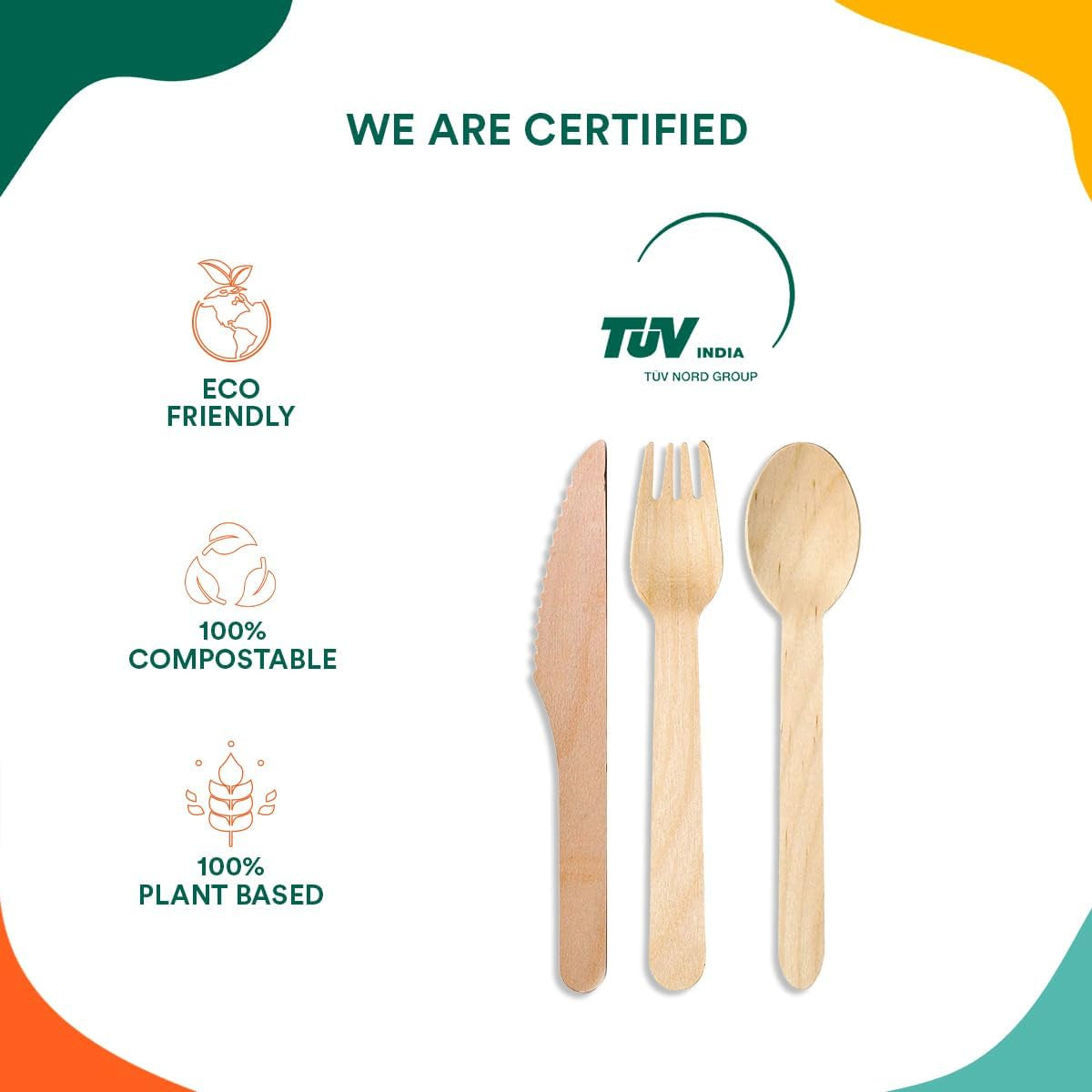 100% Compostable Cutlery [175-Pack] Disposable Wooden Cutlery Set I 100% Natural, Sturdy, Eco-Friendly, Utensils Set I Biodegradable (75 Fork,50 Spoon, 50 Knife)