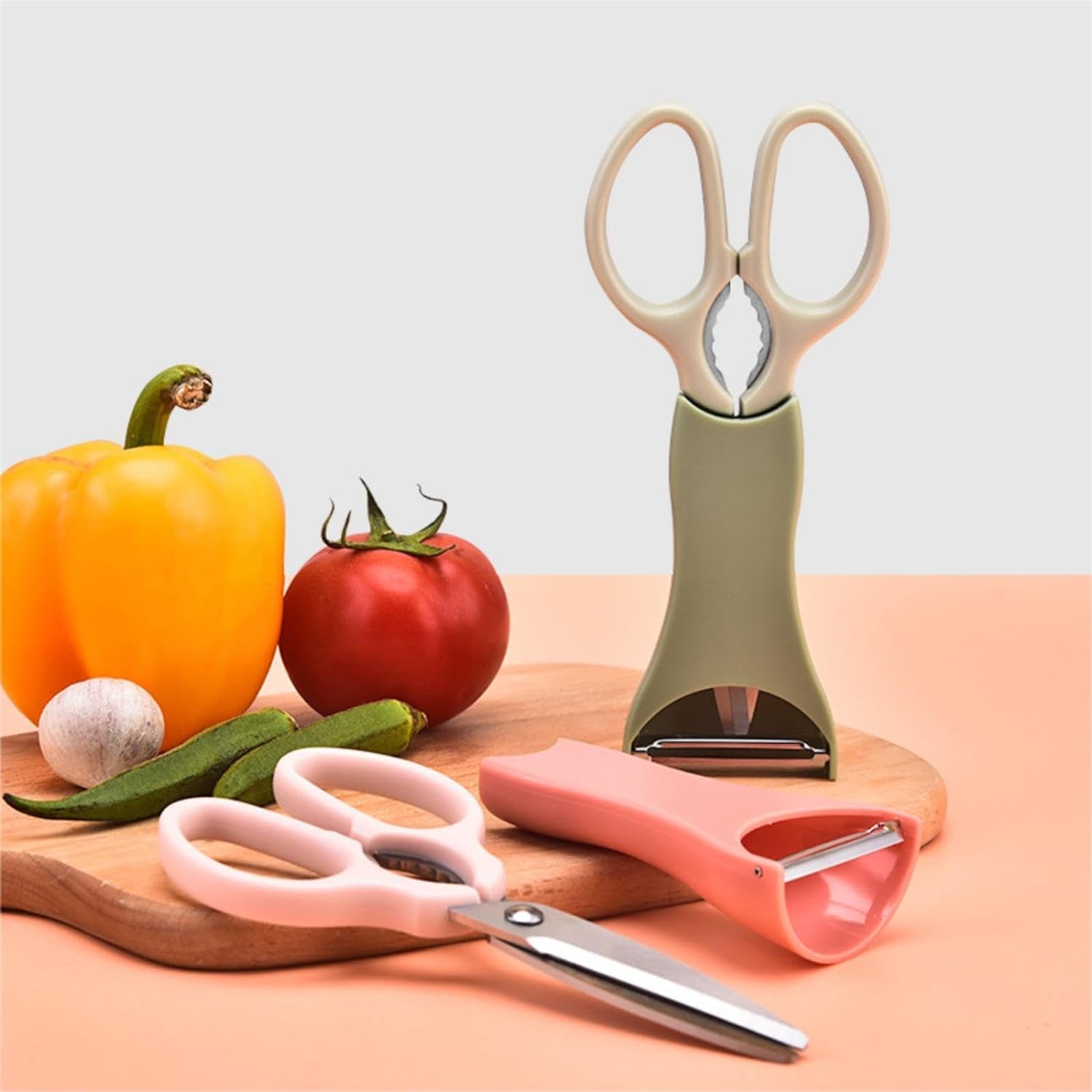 2Pcs Kitchen Scissors and Peeler Set, 3 in 1 Standable Stainless Steel Household Scissors Food Scissors Kitchen Scissors and Melon Planer (1*Green+1*Pink)
