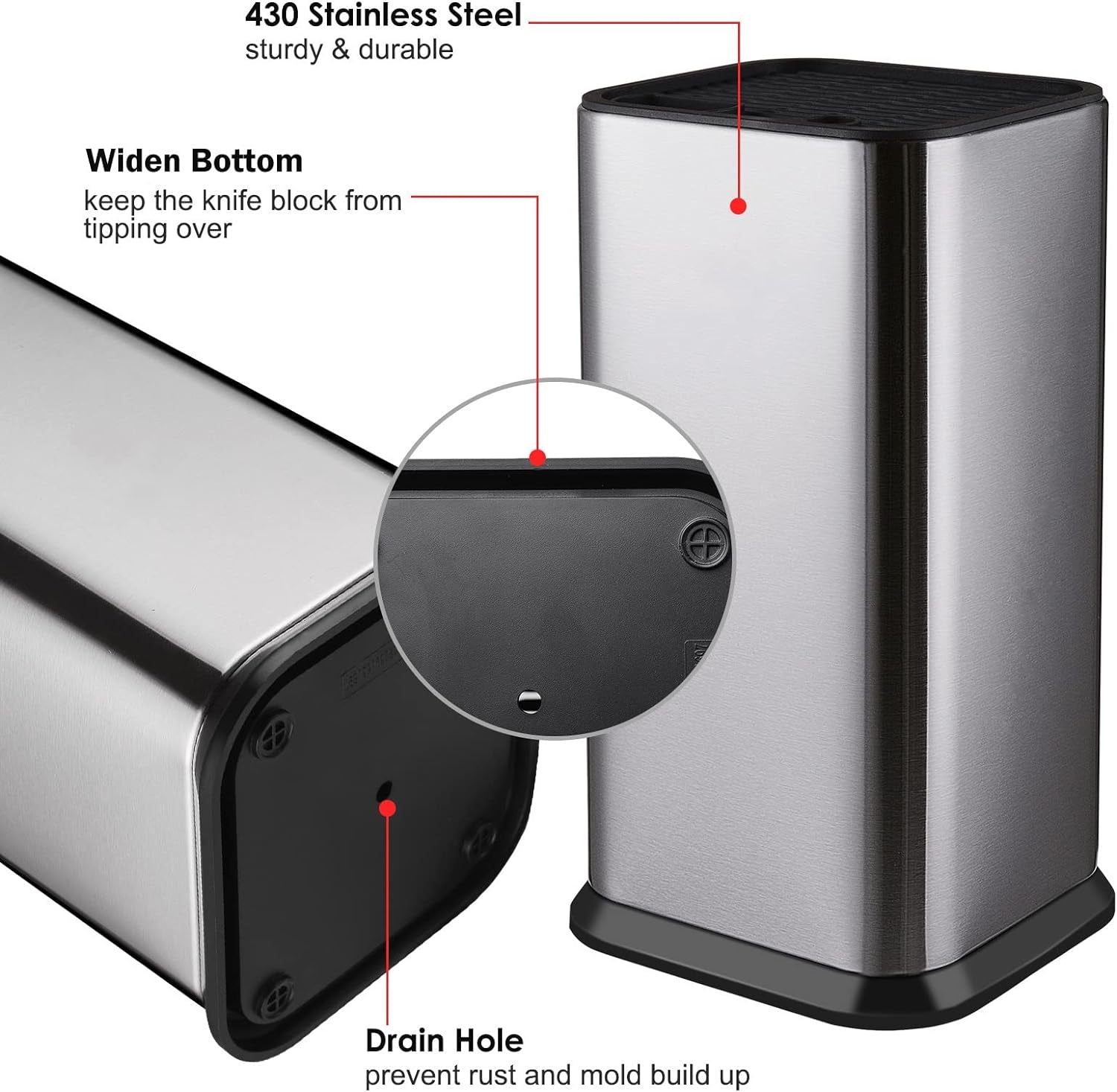 Universal Knife Block without Knives,Modern Knife Holder for Kitchen Counter,Stainless Steel Knife Organizer with Scissors Slot & Sharpening Rod,Space Saver Rectangular Blocks & Storage - (Silver)