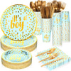 350 Pcs Baby Shower Party Supplies Golden Dot Blue Disposable Dinnerware Set for 50 Guests Boys Paper Plates Cups Napkins and Gold Plastic Forks Knives Spoons for Baby Boy Shower Party