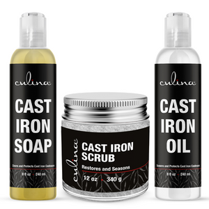 Culina Supreme Cast Iron Care Set: Restoring Scrub, Cleaning Soap & Conditioning Oil | Best for Cleaning Care, Washing & Restoring | 100% Plant-Based | - Livananatural