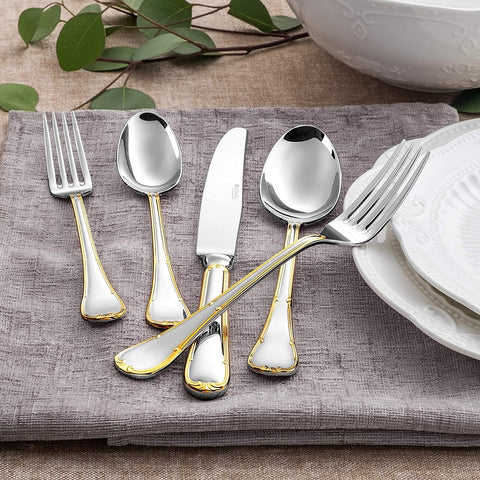 Image of Elizabeth 20-Piece 18/10 Stainless Steel Flatware Set, Service for 4, Fine Silverware Set (Gold Accent), Dishwasher Safe, Mirror Polished