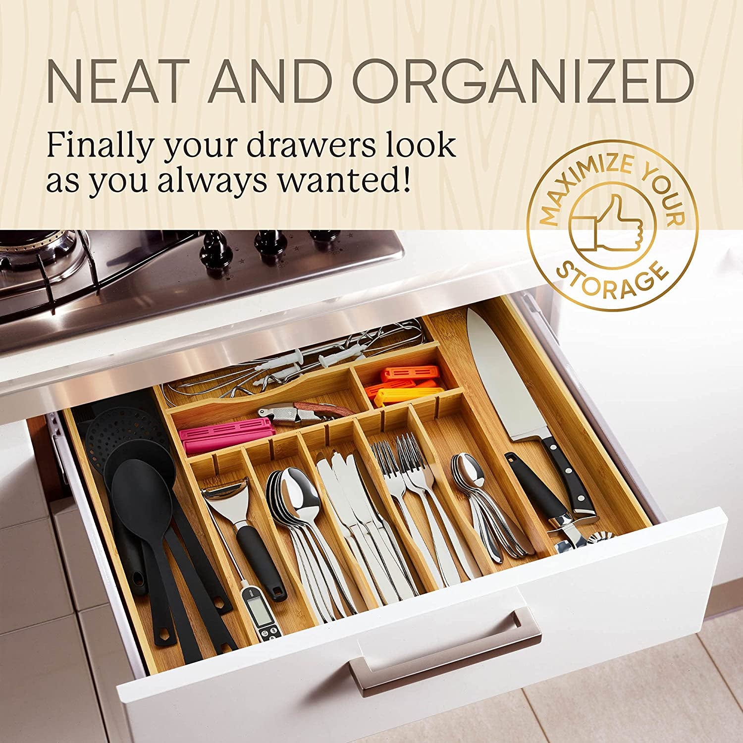 [ 2.5" Deep ] Expandable Drawer Organizer for Silverware Utensils Kitchen Gadgets and Cutlery Flatware Organizer for Drawer Tray / Utensil Tray, Large Expands from 13.7 - 21.6 Wide X 17L X 2.5H
