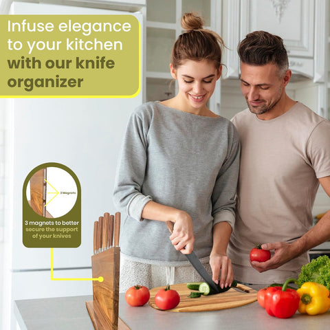 Image of - Magnetic Knife Block + Cutting Board for Kitchen | Magnetic Knife Holder with Strong Enhanced Magnets, Knife Block without Knives, 3 Rows of Magnetic Strips, Knife Holder | Set 2 in 1