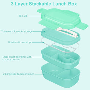 Bento Box Lunch Box Kit, 3 Stackable Bento Lunch Containers for Adults/Kids, Durable Leak-Proof Box with Spoon Fork Bag Accessories, Microwave Dishwasher Freezer Safe, Green