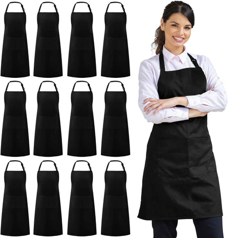 Image of 12 Pack Bib Apron, Unisex Aprons Adjustable Waterdrop Resistant with 2 Pockets Cooking Kitchen Apron for Chef, BBQ Drawing Apron Bulk, Black