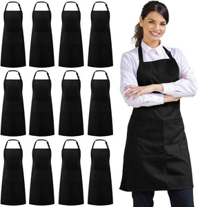 12 Pack Bib Apron, Unisex Aprons Adjustable Waterdrop Resistant with 2 Pockets Cooking Kitchen Apron for Chef, BBQ Drawing Apron Bulk, Black