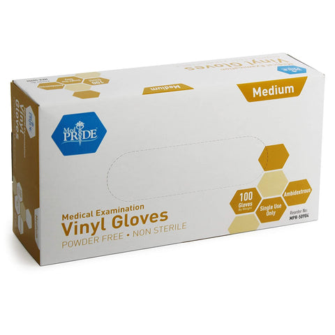 Image of Medical Vinyl Examination Gloves (Medium, 100-Count) Latex Free Rubber | Disposable, Ultra-Strong, Clear | Fluid, Blood, Exam, Healthcare, Food Handling Use | No Powder