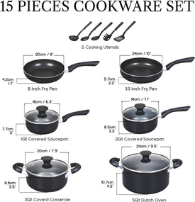 Basics Pots and Pans Cooking, 15-Piece Nonstick Cookware Set, Black