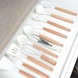 Kitchen Utensils Set, 33 Pcs Non-Stick Silicone Cooking Utensils Set, Heat-Resistant Silicone, Wooden Utensils for Cooking, Kitchen Gadgets Spatula Set, Apartment Essentials Kitchen Set (White)