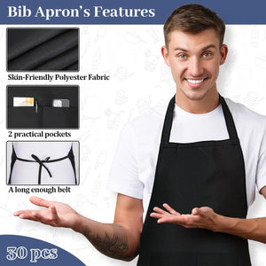 30 Pack Adjustable Bib Apron with 2 Roomy Pockets Bulk Unisex Commercial Cooking Kitchen Aprons Machine Washable