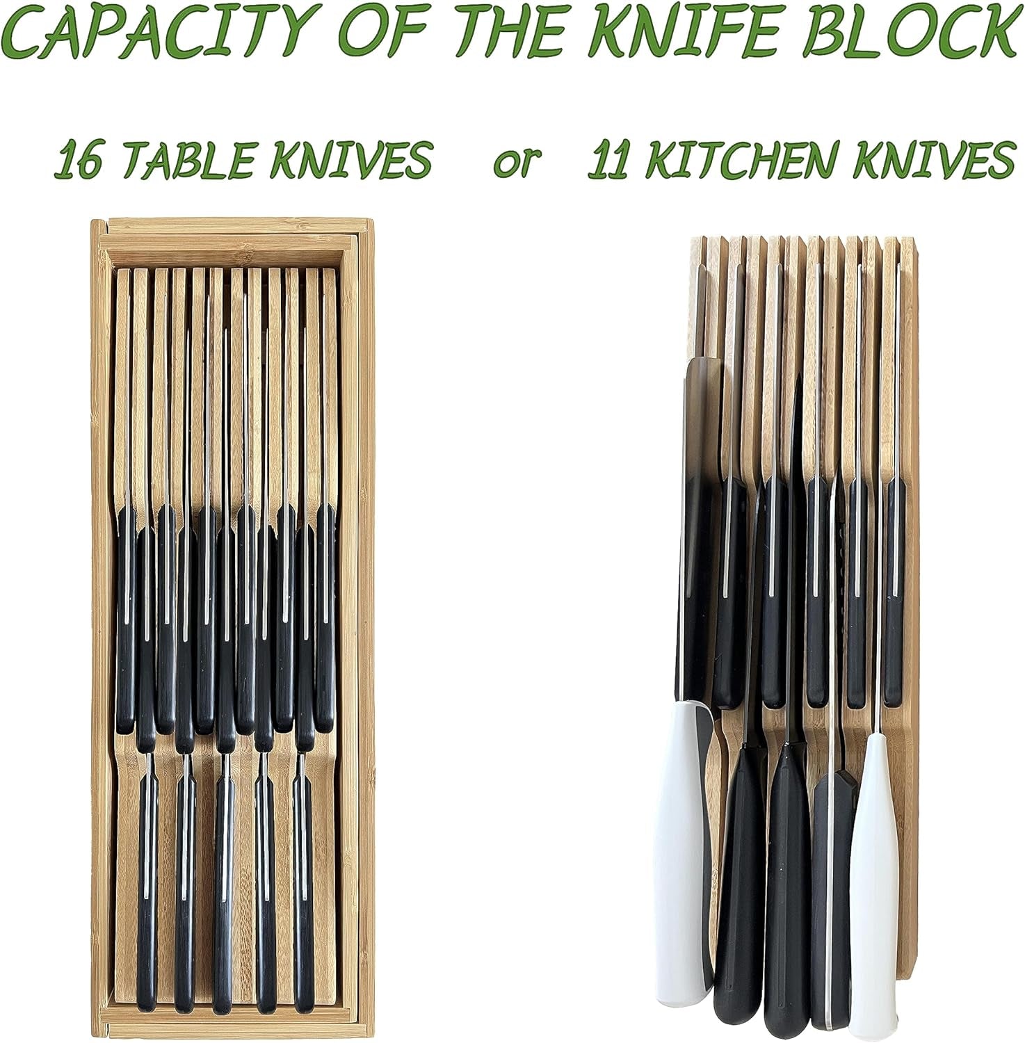 Bamboo Expandable Kitchen Drawer Organizer with Removable Knife Block (No Knife), Wooden Knife Storage Rack & Multi Use Adjustable Divider Tray for Cutlery Utensils Silverware Flatware Spoons Forks