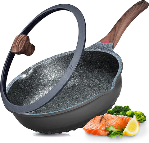 Image of Nonstick Deep Frying Pan Skillet with Lid, 11In/5Qt Saute Pan, German 3C+ Ceramic Coating Technology, Heat Indicator, Induction Compatible