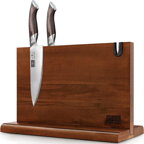 Image of Magnetic Knife Block 14 X 10 Inches, Double Sided Magnetic Knife Holder Rack for Kitchen Counter, Acacia Wood Magnetic Knife Storage Stand with Knife Sharpener