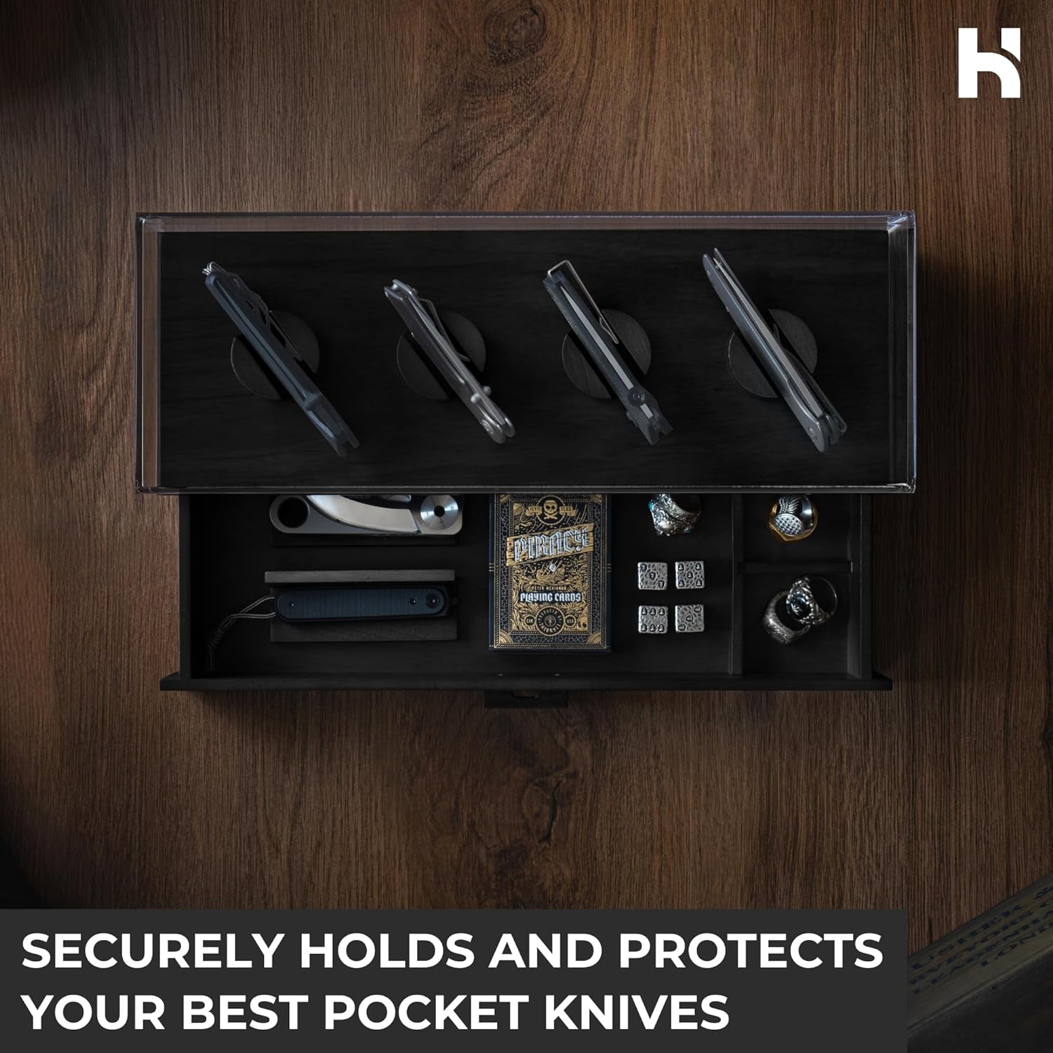 Showcase Your Knives with the Knife Deck – Premium Pocket Knife Display Case for 6 Knives – Elegant Gift for Men – Drawer for Accessories – Wooden Pocket Knife Holder – Lifetime Assurance Included