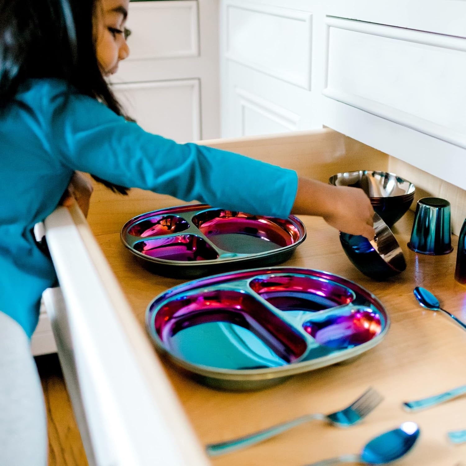 Stainless Steel Dinner Set - 5 Piece Mindful Mealtime Set | Pediatrician Designed Stainless Steel Plates for Kids, Toxin Free Stainless Steel Dinnerware Set | 100% BPA Free (Iridescent Blue)