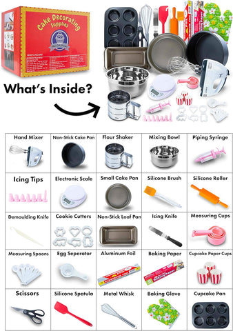 Image of Baking Set for Kids and Adults - (60 PCS SPECIAL BAKERY EQUIPMENT and TOOLS) with Hand Mixer, BONUS Recipe Guide, Cake Pans, and More Utensils!