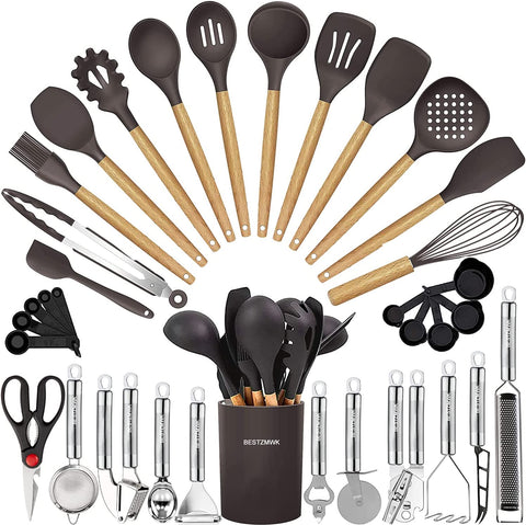 Image of Cooking Utensils Set- 35 Pcs Kitchen Utensils with Grater,Tongs, Spoon Spatula &Turner Made of Heat Resistant Food Grade Silicone and Wooden Handles Kitchen Gadgets Tools Set for Nonstick Cookware