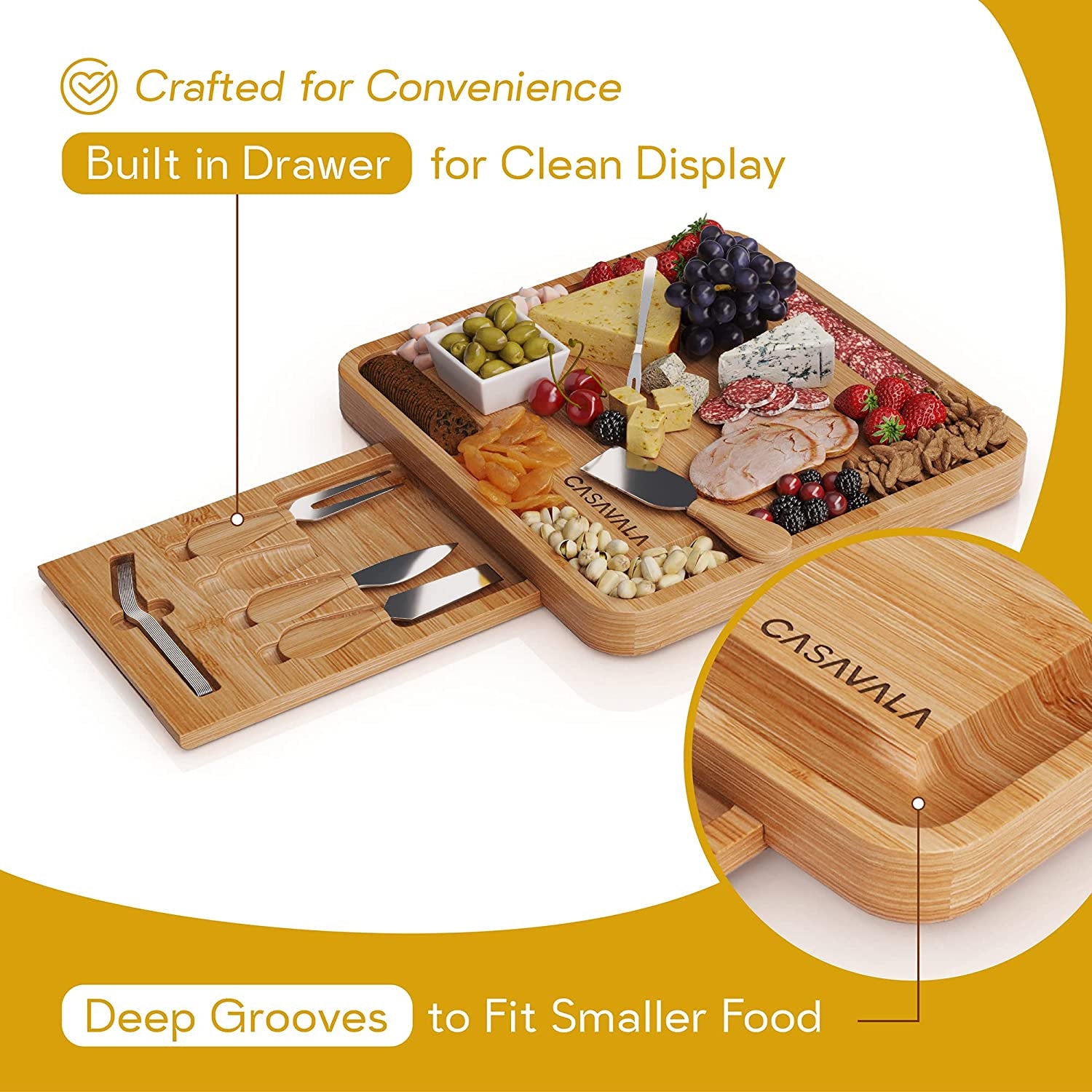Bamboo Cheese Board Set - Includes 4 Cheese Knives & 10 Cheese Forks- Charcuterie Board Set, Fruit, Cured Meat Serving Platter with Drawer- Ideal for Parties & Events