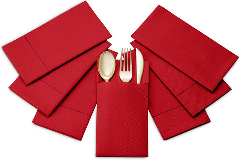 Image of Disposable Linen-Feel Dinner Napkins with Built-In Flatware Pocket, 50-Pack BRIGHT RED Prefolded Cloth like Paper Napkins for Dinner, Wedding or Party [Silverware NOT Included]