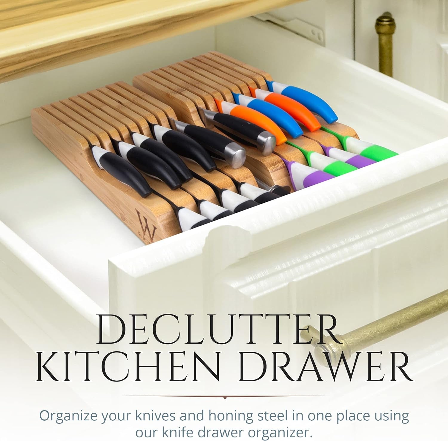 Bamboo Knife Drawer Organizer Insert - Kitchen Storage Holder for [18~26 Knives & 1~2 Honing Steel] Organization - Saves Countertop Space & Made of Premium Quality Moso Bamboo