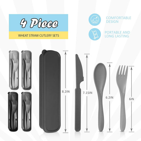 Image of Reusable Portable Travel Utensils Set, Service for 4, Forks Spoons Knives for Camping Wheat Straw Plastic Flatware with Storage Case (Gray Ombre)