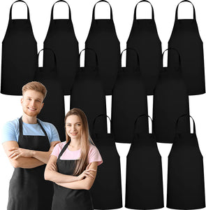 12 Pack Bib Apron - Unisex Black Aprons, Machine Washable Aprons for Men and Women, Kitchen Cooking BBQ Aprons Bulk (Pack of 12, No Pockets, Black)